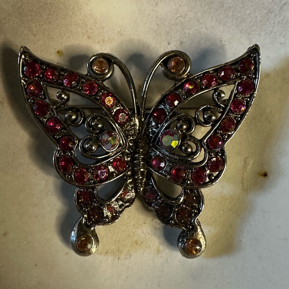 Elegant Butterfly Brooch with Pink and Silver Accents